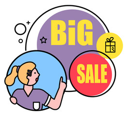 Big sale, good time to buy presents, box icon. Woman buy or sell products in shop. Promotion round shaped stickers. Circle bubbles with captions and person. Vector illustration in flat, minimal