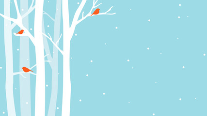Winter landscape background. Flat blue vector illustration with trees and birds.