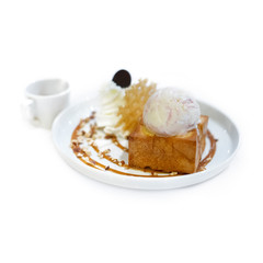 Honey toast with strawberry Sherbet icecream topping isolate on white background