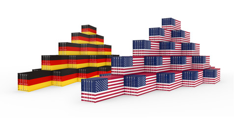 3D Illustration of the group Cargo Containers with Germany and United States of America (USA) Flag. Isolated on white.
