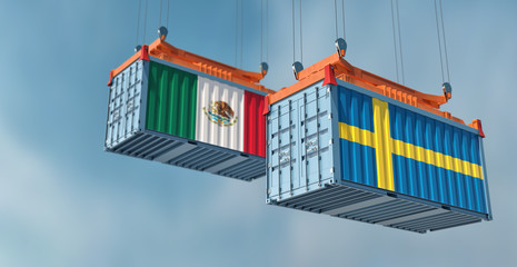 Two freight container with Mexico and Sweden flag. 3D Rendering