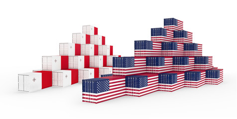 3D Illustration of the group Cargo Containers with Malta and United States of America (USA) Flag. Isolated on white.