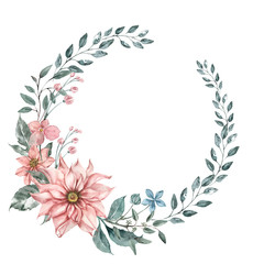Delicate wreath of beautiful large dahlia flower. Color peach powder and watercolor eucalyptus leaves.