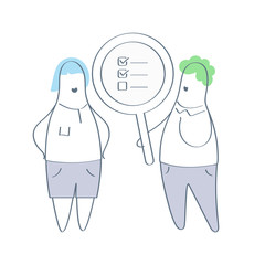 Recruitment service, candidate review, verification of the user, check candidate for work, hiring an employee. Examining the employee under a magnifying glass. Flat outline isolated vector on white.