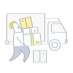 Delivery service, mover, postman, loader worker or courier delivering packages, helps with shipment, home moving, transportation, cargo, loading carton boxes into a truck. Flat outline vector on white