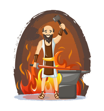 Ancient greek mythological god Hephaestus. Greek god of fire and crafts. man in work clothes forging a sword and shield, working in a flame of fire vector cartoon illustration