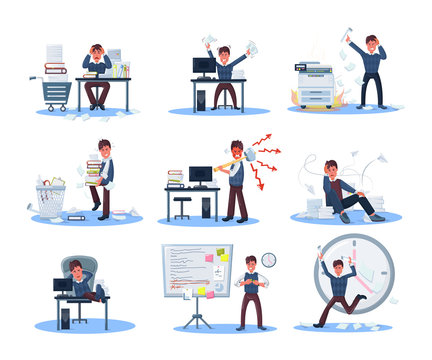 Business man, overwork, stress, deadline. Tired male clerk with papers, angry busy businessman overworked due to excessive work. Time management planning. Office work with documents, computer vector