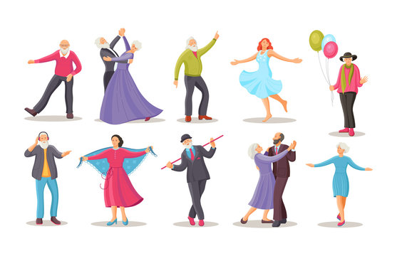 Old dancing people. Stylish elderly man and woman senior aged persons dance. Happy active elderly couple on music party together and singly. Dancers grandmother and grandfather cartoon vector