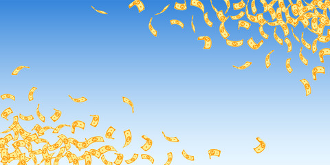 Korean won notes falling. Small WON bills on blue 