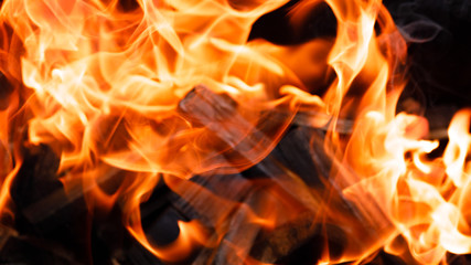 Texture of a flame of fire on a black background. burning fire in a stove closeup