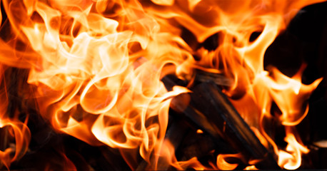 Texture of a flame of fire on a black background. burning fire in a stove closeup
