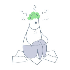 Stressed nervous person sitting on scattered documents. Health problems and head pain, overworked, emotional problem, disorder concept