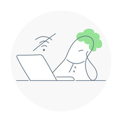 Wifi Denied, network error. Upset cartoon character is offline, he sitting near laptop and waiting for internet connection. Clean minimal line vector illustration on white.