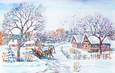 Watercolor painting: Winter village landscape with Santa in sleigh