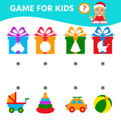 Fototapeta premium Game for children. Educational worksheet for preschool kids. Find a match what's in the gift box. Christmas, new year theme.