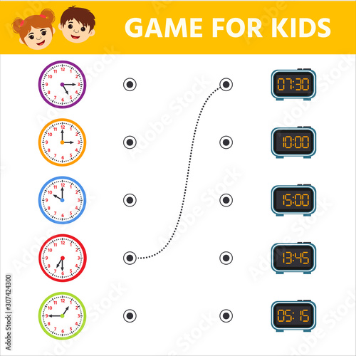 Game for children - Educational worksheet for preschool kids - Puzzle with clock and numbers - What time is it? Vector illustration Wall mural