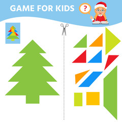Game for children. Educational worksheet. Puzzle in pine or christmas tree shape. Christmas teme. Activity for preshool years kids and toddlers.
