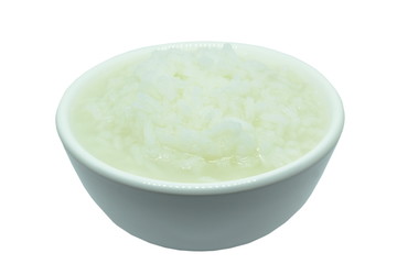 boiled rice in cup on white background
