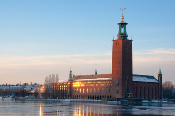 Fototapeta premium Stockholm. City hall is reflected in the water.