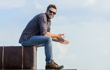 Adventure is worthwhile. traveler wait for flight. Move. sexy man sky background. macho man...