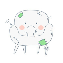 Old tired and broken funny armchair with cute cartoon face and with sticking springs. 404 icon, old age concept, shabby furniture vector on white background.