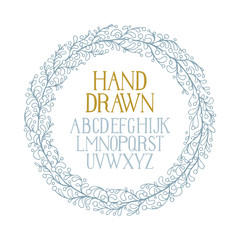 Floral wreath and alphabet. Hand drawn laurel wreath and hand written lettering vector illustration. Botanical floral wreath with leaves for wedding and holiday.  Part of set.