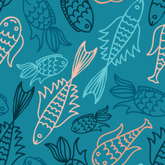 Seamless vector pattern with colorful stylized fish. The design is perfect for wallpaper, backgrounds, wrapping paper, sheets, clothes, stationery and decorations. 