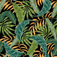 Trend seamless pattern with tropical leaves. Vector background for various surface. Hand draw texture. Floral seamless vector tropical pattern background with exotic leaves, jungle leaf.