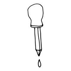 Pipette for children in line, doodle style on an isolated white background. Hand drawn black outline. Vector illustration.