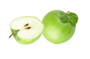 Green apple with leaf green isolated on white background with clipping path