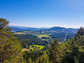 A panoramic, areal view on an alpine landscape of Austria. There are high Alps in the back. Few trees on the side, forming a small forest. Idyllic landscape. There is a tower on one of the mountains.