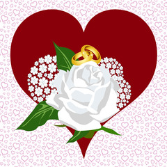 Carte vintage pour un mariage traditionnel avec une paire d’alliances et des fleurs blanches dans un gros coeur rouge.