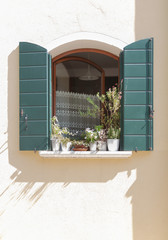 Detail of Windowsill with green shutters and plants with lace curtain on Giudecca island in Venice, Italy