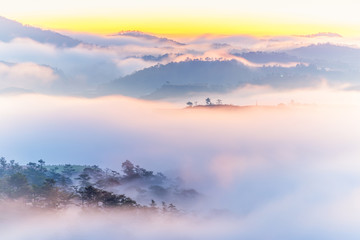 Dreamy mountain landscape at beautiful misty sunrise morning