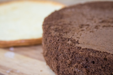close up chocolate tasty cake on wooden board