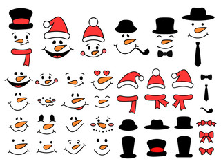 Cute snowman faces and accessories - vector collection. Snowman constructor - bundle. Snowman heads. Vector illustration isolated.