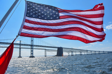 American Flag in Front of the Bay Bridge
