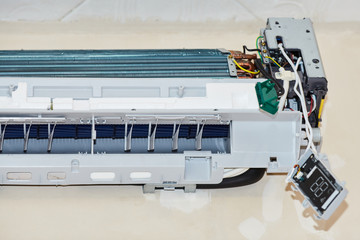 Inverter Air conditioning service, repair & maintenance concept. The specialist cleans and repairs the wall air conditioner. Picture technician cleaning coil cooler of air conditioner