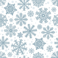 Snowflakes seamless background. Hand drawn different snowflakes endless frozen texture. Winter holidays hand dawn seamless pattern. Sketch drawing different snowflakes. Part of set.