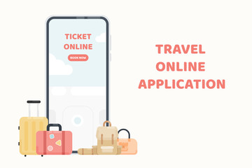 Travel online application or website. Vector smartphone app with travel luggage and airplane in flat style. Ticket booking online concept. Vector concept. 