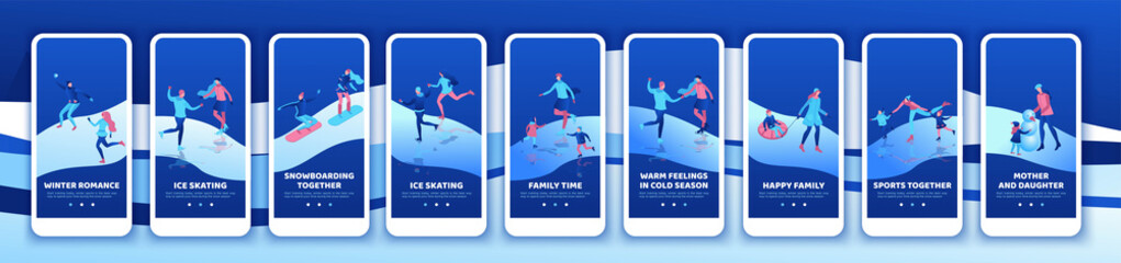 Winter sports mobile app template set, ski, snowboard,together, vertical layout, ui design, ice skating simple family, isometric minimal people illustration, vector winter sport, skating rink - 307431163