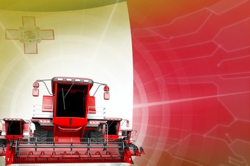Farm machinery modernisation concept, red modern grain combine harvesters on Malta flag - digital industrial 3D illustration