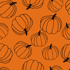 Food seamless pattern in line art and doodle style. Abstract botanical print of pumpkins. Textile design texture. Autumn background Vector illustration. Thanksgiving and Halloween symbol