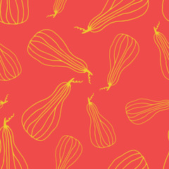 Food seamless pattern in line art and doodle style. Abstract botanical print of pumpkins. Textile design texture. Autumn background Vector illustration. Thanksgiving and Halloween symbol
