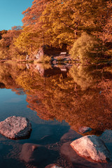 Bench on Grasmere Lake in the Lake District, Cumbria, UK. Autumn reflections in the clear and still waters with trees in the background. 