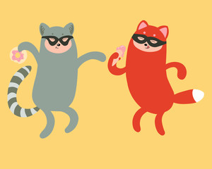  joyful, smiling Lemur and Fox in a cartoon style dance. Characters eat snacks - ice cream and a donut. Vector illustration on a colored background. Background is on a separate layer.