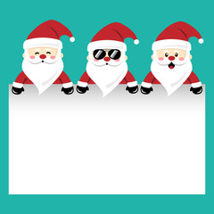 Cute and smile  Santa Claus in cartoon style with different faces holding a white card for a mock up banner, background, poster Christmas and Happy New Year decoration and design. 