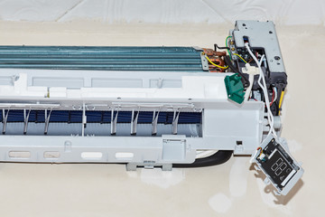 Split air conditioner closeup repair and maintenance concept. The specialist repairs the wall air conditioner. Inverter Air conditioning service