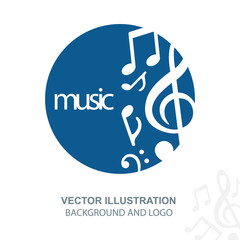 Music logo. Musical theme round emblem with music key and notes. Part of set.