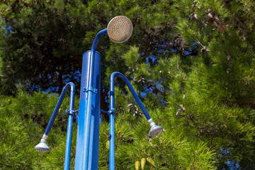 Blue metal beach shower